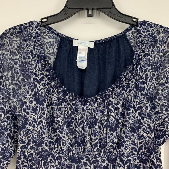 Lizwear Top Blue Floral Printed Long Sleeve Peasant Mesh - Picture 3 of 8